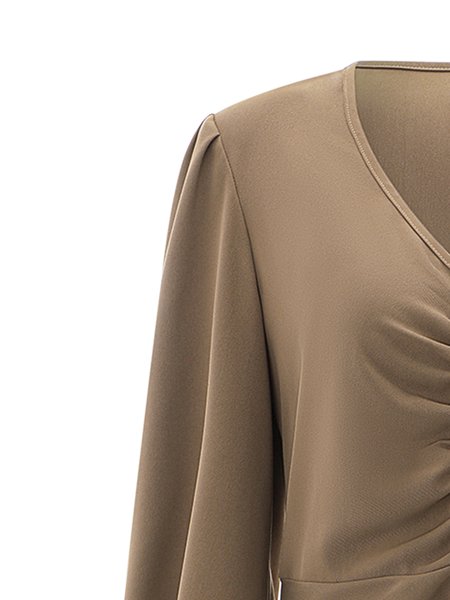 

Daily Gathered A-Line Work V Neck Lady Dresses, Coffee, Mini Dresses