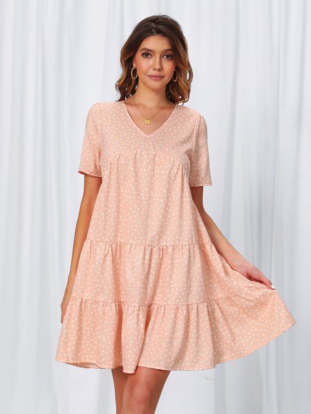 

Polka Dots A-Line Short Sleeve V Neck Weaving Dress, Apricot, Dresses