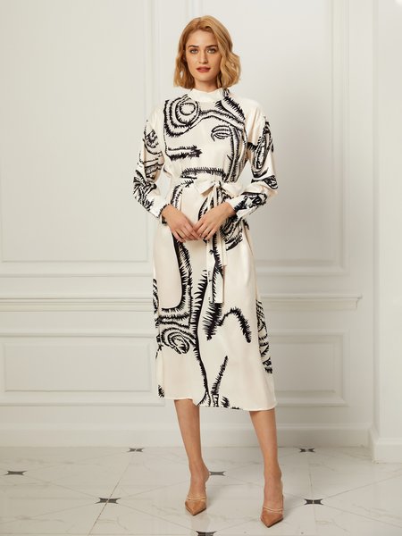 

Daily Abstract Stand Collar Regular Fit Dress, White, Dresses