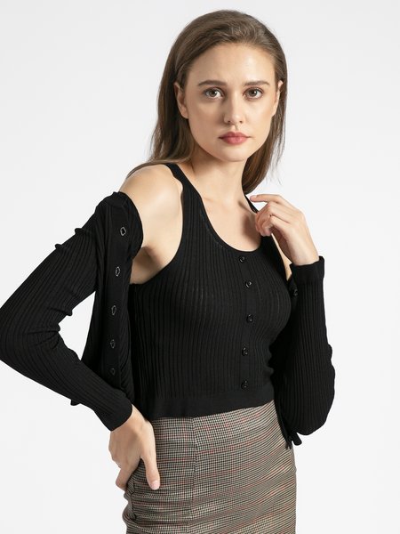 

Acrylic Casual Two-piece Sweater, Black, Two-piece Set