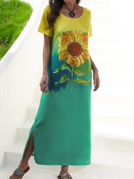 

Ombre/tie-Dye Short Sleeve Crew Neck Dresses, As picture, Floral Dresses