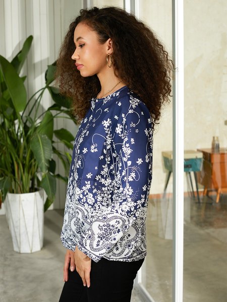 

New polyester long sleeve net color flower printed shirt, Blue, Long sleeve tops