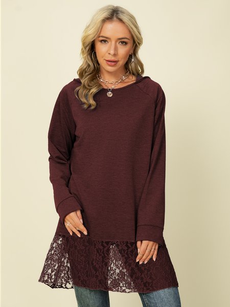 

Long Sleeve Cotton Casual Paneled Shirts & Tops, Wine red, T-Shirts