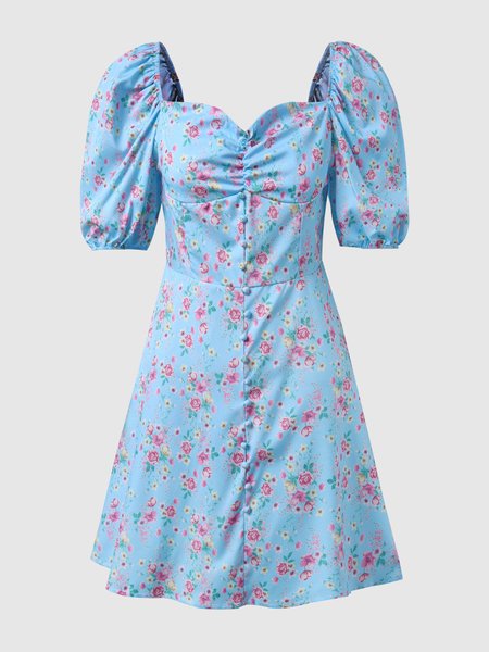 

Puff Sleeve Floral Weaving Dress, Blue, Mini Dresses