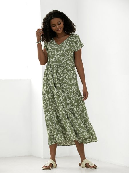 

Maniche Corte Girocollo Ricorrere Abito, Verde, Midi Dresses