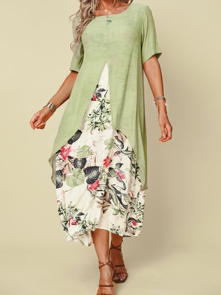 

Abito Girocollo Stampato Floreale Cotone-lino, Verde, Dresses