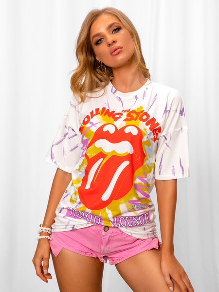 

Casual Shift Crew Neck Cotton-Blend T-shirt, White, Tops