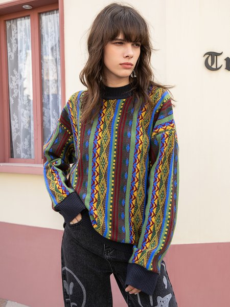 

Boho Crew Neck Embroidered Acrylic Sweater, As picture, Pullovers