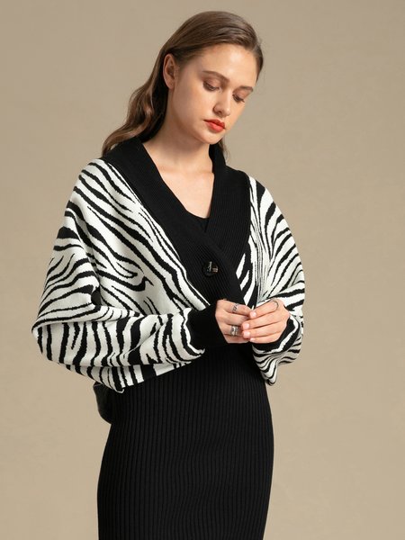 

Long Sleeve Zebra V Neck Outerwear, Black, Cardigans