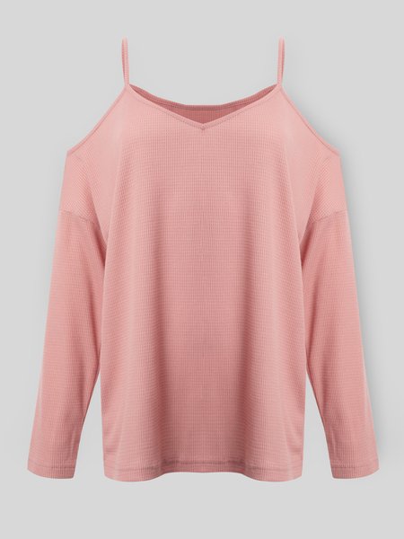 

Off Shoulder Casual Solid Cotton-Blend Shirts & Tops, Pink, Tops