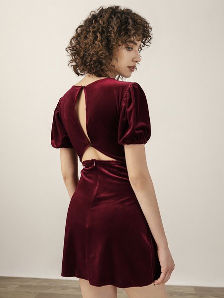 

Slim Fit Solid V Neck Weaving Dress, Wine red, Mini Dresses