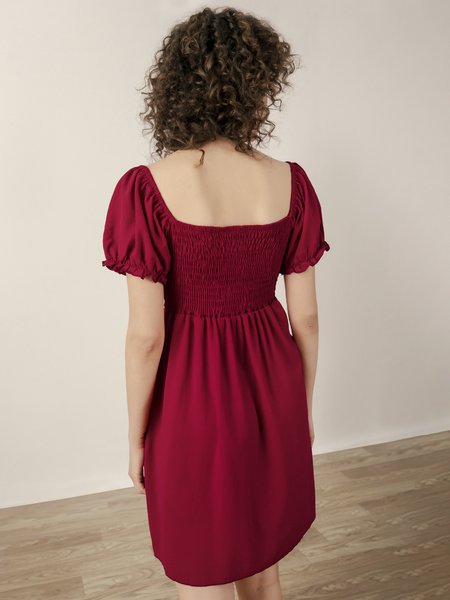 

Puff Sleeve Elegant Loosen Solid Weaving Dress, Wine red, Mini Dresses