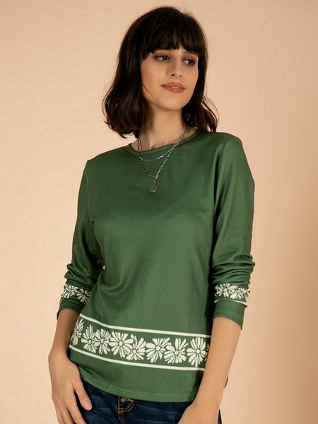 

Vintage Printed Long Sleeve Floral Long Sleeve Tops, Green, Long sleeve tops