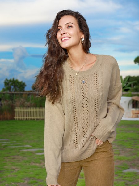 

Casual Long Sleeve Cotton-Blend Sweater, Khaki, Sweaters