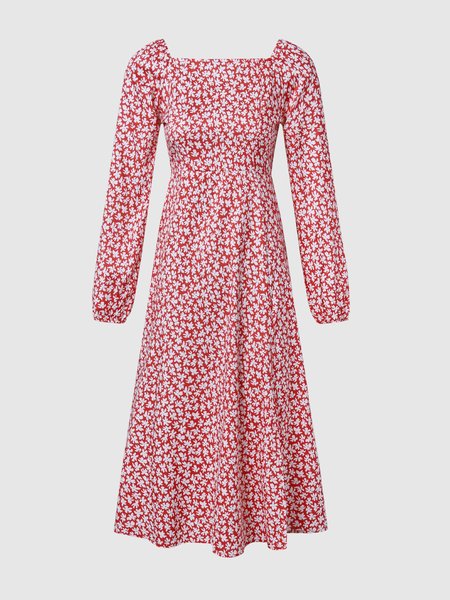 

Regular Fit Elegant Square Neck Floral Dress, Red, Mini Dresses
