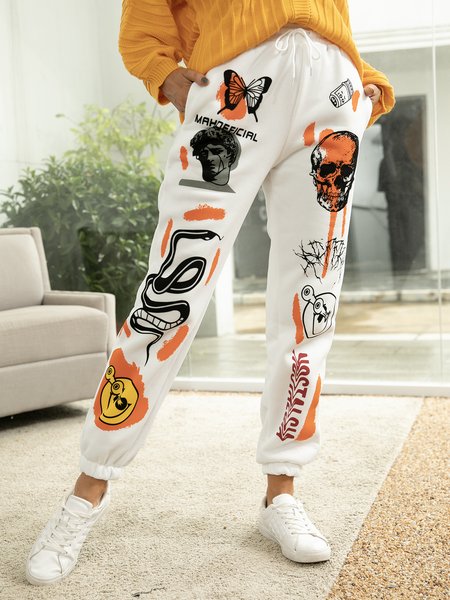 

New fashion trend multi pattern printed bandage thickened warm casual pants, White, Pants