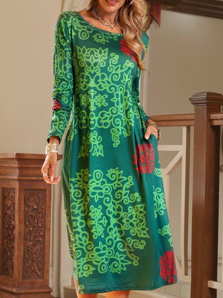 

Long Sleeve Crew Neck Shift Cotton Knitting Dress, Green, Maxi Dresses