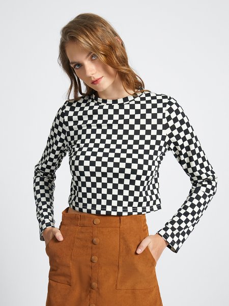 

Stand Collar Casual Simple Top, Black-white, Tops