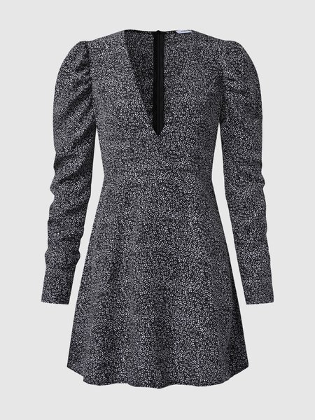 

Floral Elegant V Neck Puff Sleeve Dress, Black, Mini Dresses