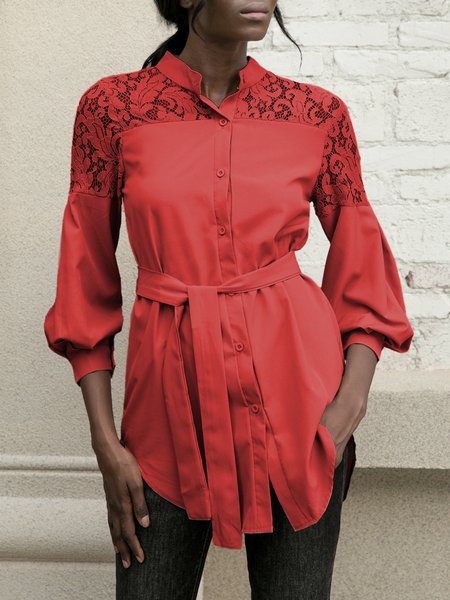 

Paneled Long Sleeve Stand Collar Top, Red, Blouses and Shirts
