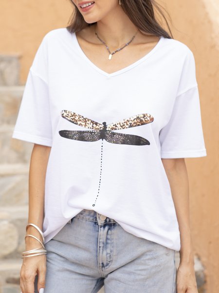 

Casual Animal Print V-neck 1/2 Sleeve T-shirts, White, T-Shirts
