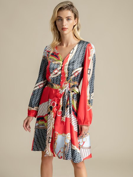 

A-Line Polka Dots Long Sleeve Printed Dress, Flower, Mini Dresses