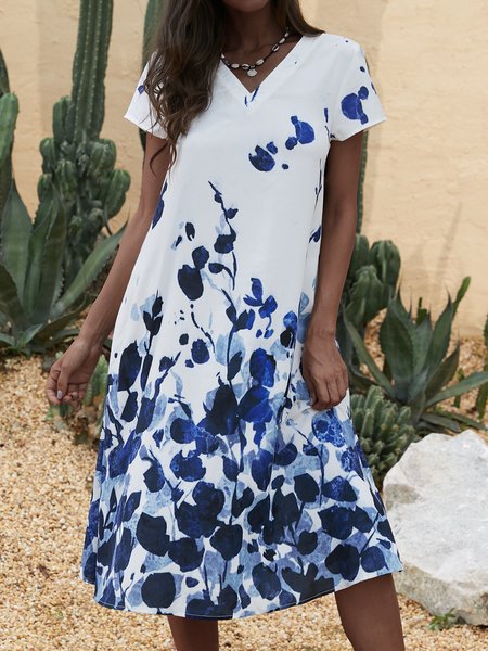 

Short Sleeve V Neck Casual Weaving Dress, White-blue, Floral Dresses