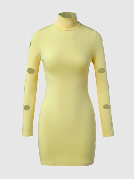 

High Neck Solid Knitting Dress, Yellow, Mini Dresses
