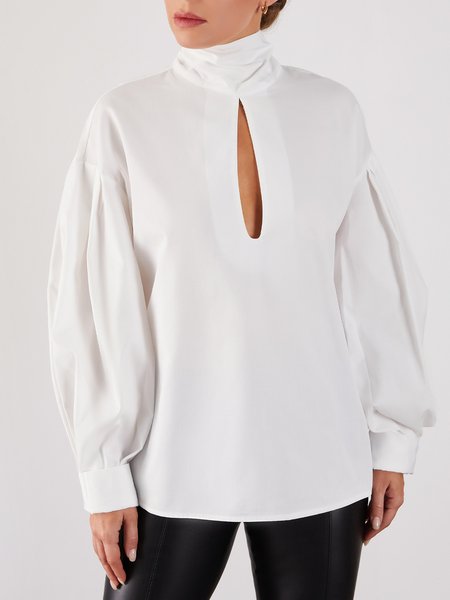 

Regular Fit Puff Sleeve Solid Tie Neck Shirt, White, Blouses and Shirts