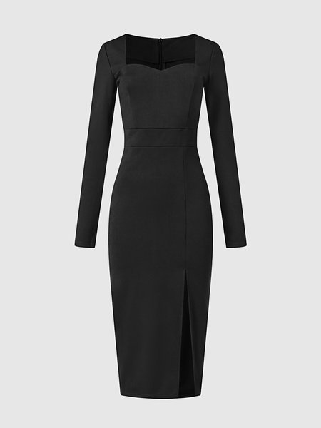 

Slit Square Neck Elegant Fitted Dress, Black, Midi Dresses