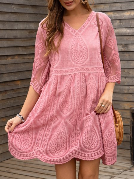 

Orange Pink Plus Size 3/4 Sleeve Boho Dress, Mini Dresses