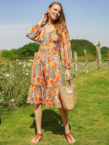 

Floral Bishop Sleeve Party Dresses, Orange, Floral Dresses
