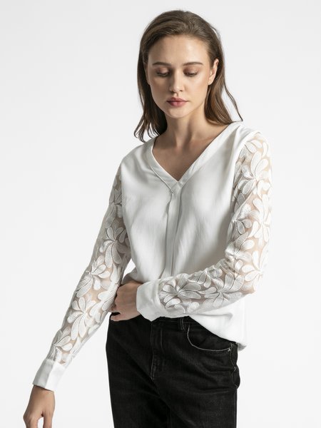 

Long Sleeve V Neck Shift Top, White, Blouses and Shirts