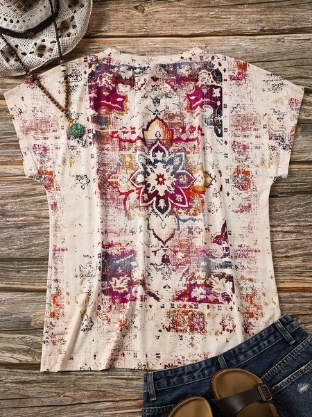 

Ethnic print casual T-shirt, As picture, T-Shirts