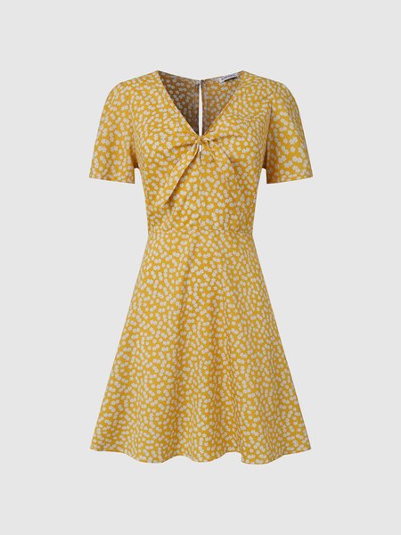 

V Neck Puff Sleeve Knot Front Dress, Yellow, Mini Dresses