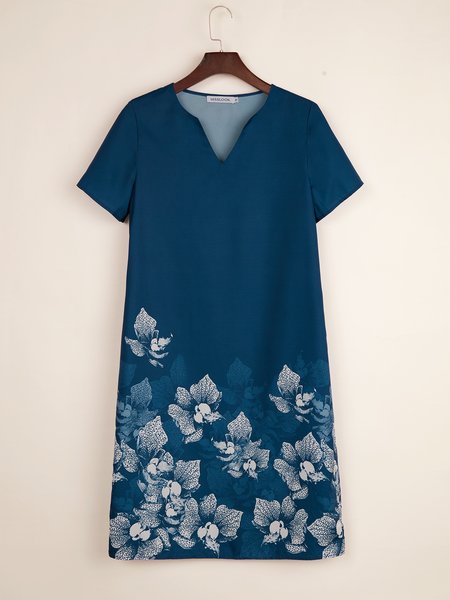 

Summer Casual Contrast Print Straight Skirt Casual Short Sleeve V Neck Shift Dresses, Deep blue, Floral Dresses