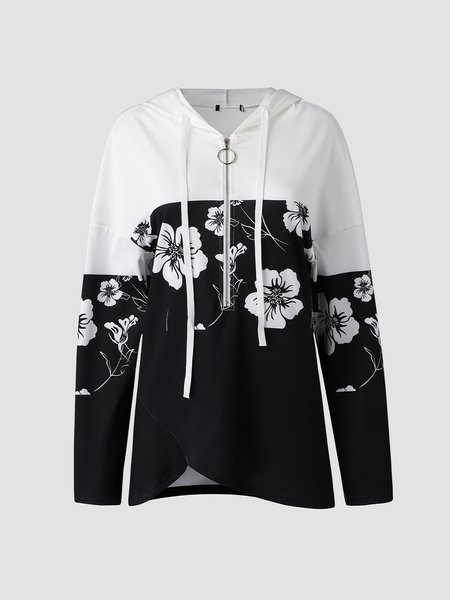 

Long sleeve V-neck hooded zipper geometric stitching floral top T-shirt women, Black-white, Auto-clearance