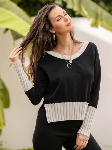 

Contrast Notched Neck Sweater, Black, Sweaters