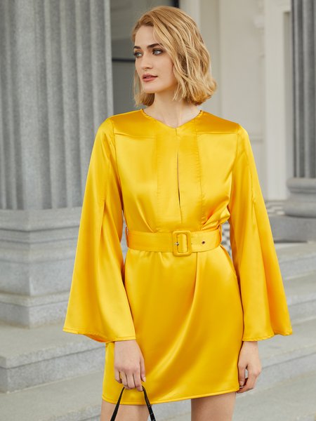 

Elegant Solid Long sleeve Regular fit Dress Without Necklace, Yellow, Dresses