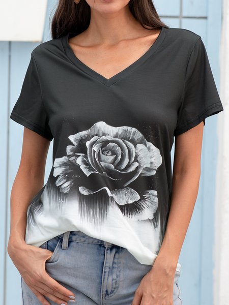 

V Neck Floral Printed Casual T-shirt, White-black, T-Shirts