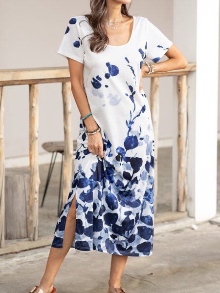 

Printed Scoop Neckline Ombre/tie-Dye Short Sleeve Casual Holiday Dresses, White-blue, Floral Dresses