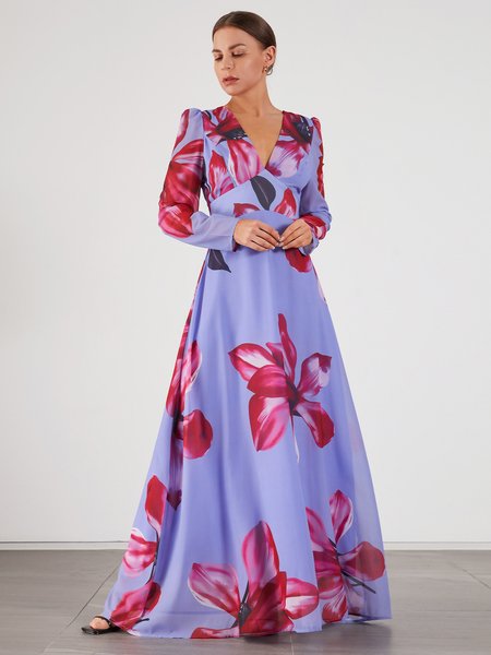 

V Neck Regular Fit Floral Vaction Maxi Dress, As picture, Dresses