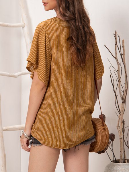 

Yellow Short Sleeve Casual V Neck Top, Orange, Blouses and Shirts
