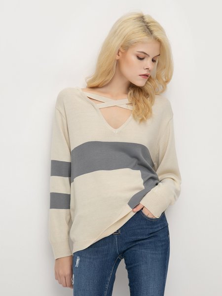 

Sexy Striped Loosen Sweet Pullover, Khaki gray, Pullovers