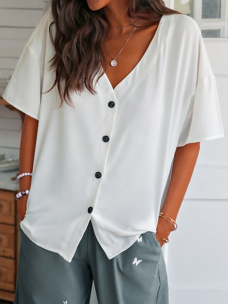

Short Sleeve V Neck Casual Blouse, White, Blouses & Shirts