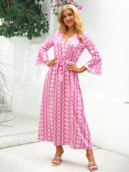

Tribal Long Sleeve V Neck A-Line Weaving Dress, Pink, Dresses