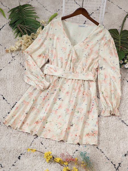 

Plus Floral Print Flounce Sleeve Dress Cotton Elegant Weaving Dress, Multicolor, Floral Dresses