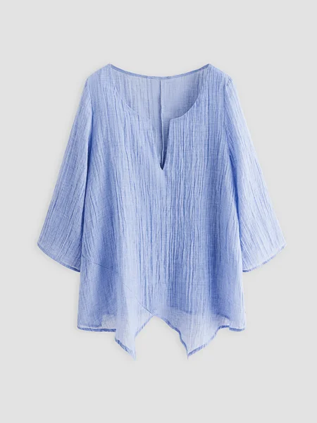 

JFN Cotton & Linen Asymmetric Hem Loose Fit Long Sleeve Shirts Tunic Top, Blue, Shirts & Blouses