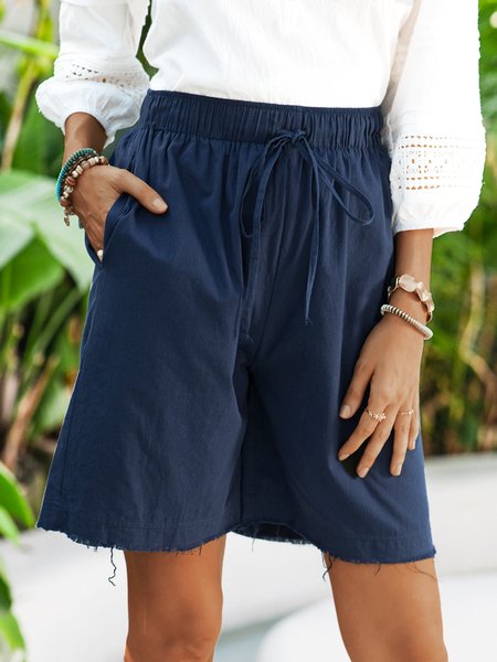 

Cotton-Blend Solid Elasit Waistline Loose Shorts, Navy blue, Shorts
