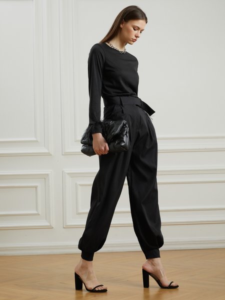 

Casual Simple Elegant Crew Neck Simple Plain Top, Black, Tees